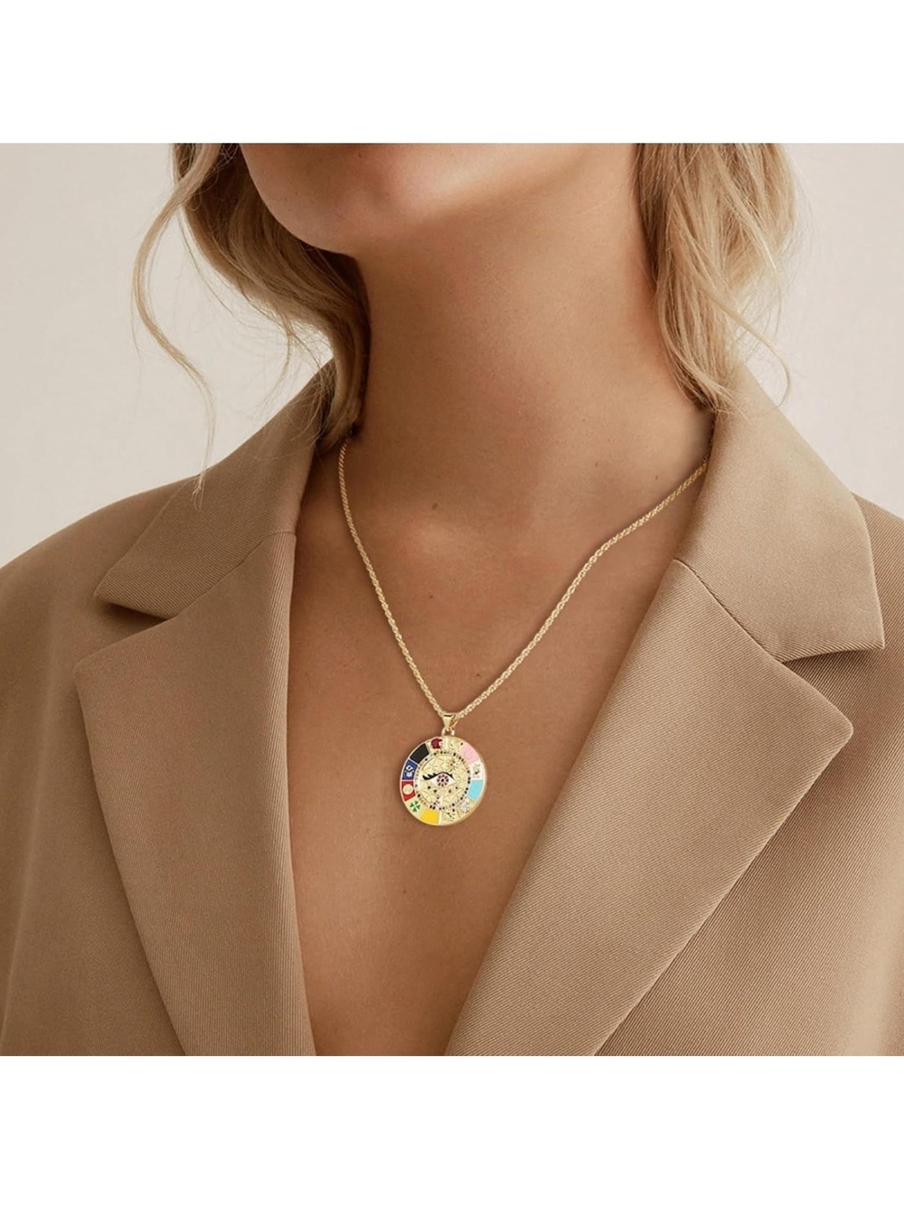 Gold Multi-Color Enamel Lucky Eye Pendant Necklace - Picture 5 of 7